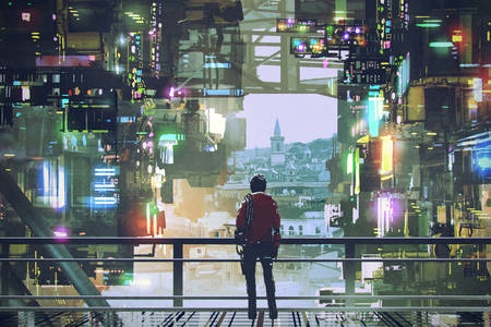 Oraș futuristic cu lumină colorată
