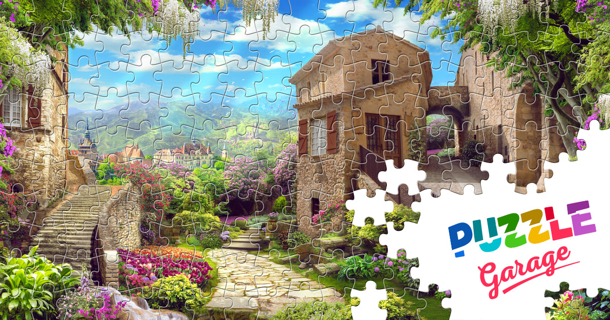 Illustration of old houses in the garden Jigsaw Puzzle (Art, Painting