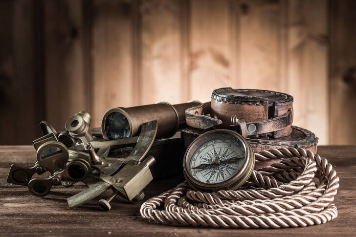 Sextant, compass and spyglass
