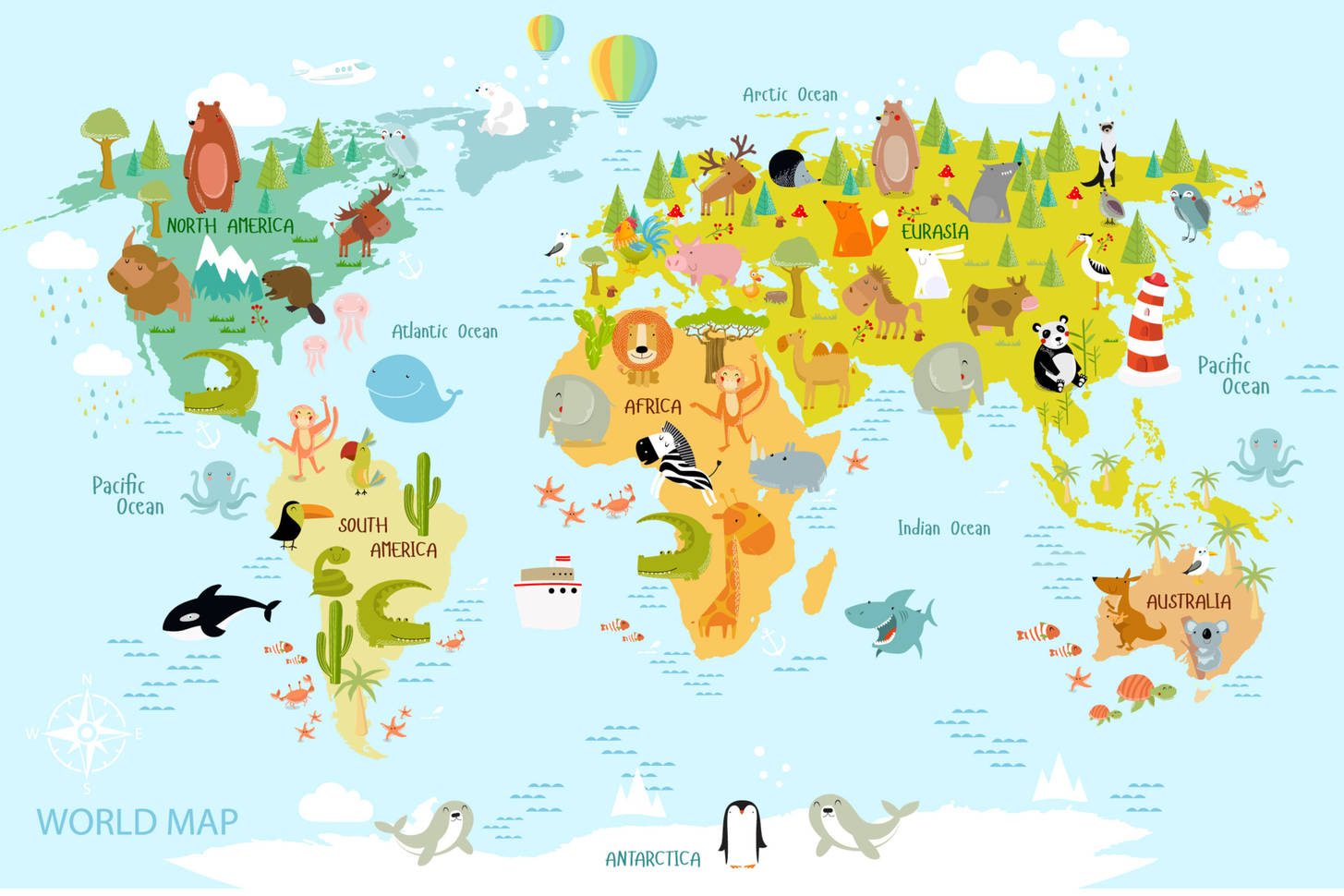 Map of the world Jigsaw Puzzle (For children, Cartoon Illustrations ...