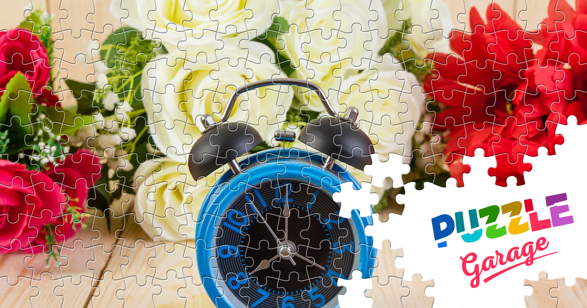 Blue alarm clock and flowers Jigsaw Puzzle (Stuff, Watches) Puzzle Garage
