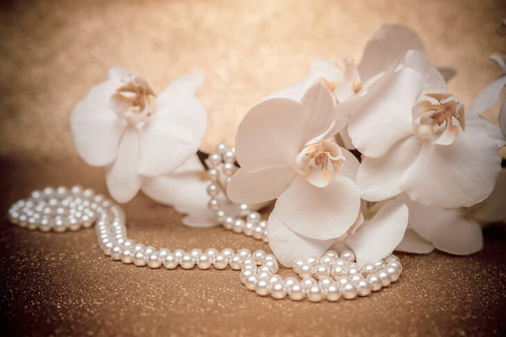 Bílé orchideje a perlový náhrdelník