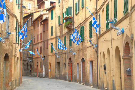 Rue avec des drapeaux à Sienne