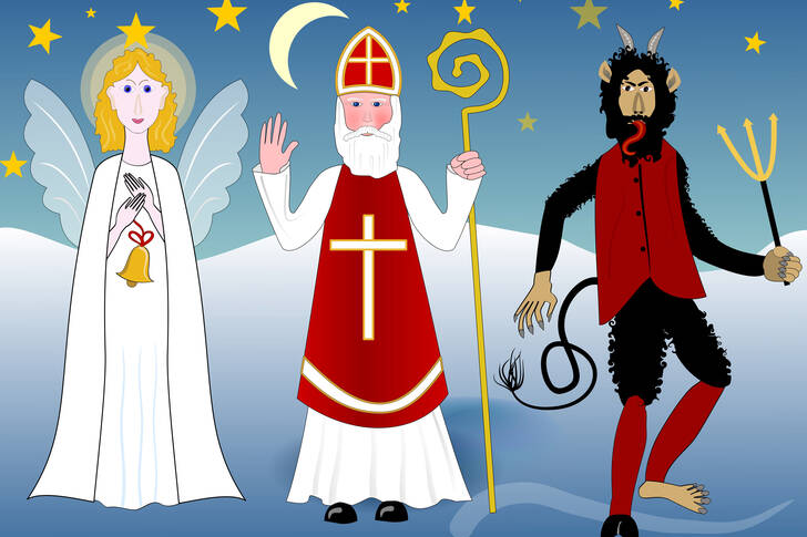 Saint Nicholas with an angel and Krampus