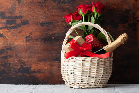 Flowers and gifts in a basket