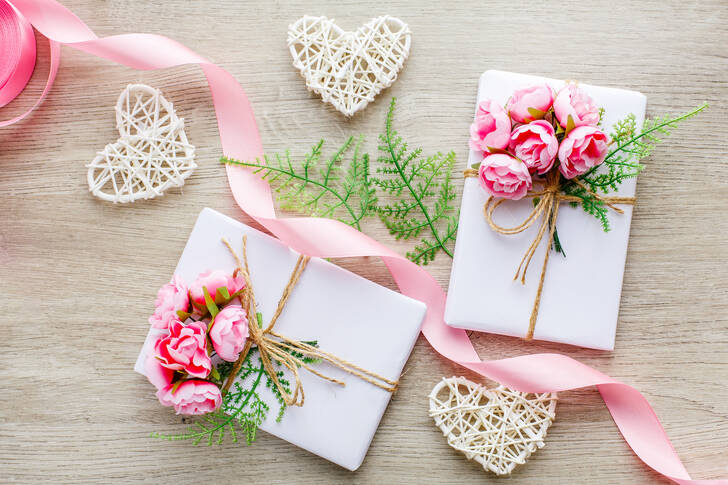Boxes with flowers and hearts