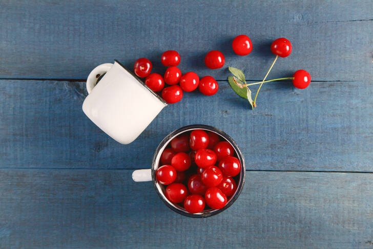 Körsbär i en kopp på bordet