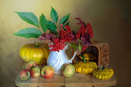 Pumpkins, apples and rowan berries