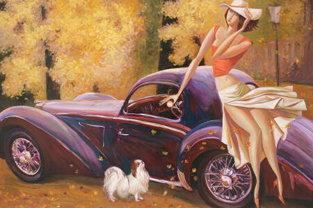 A lady with a dog near a retro car