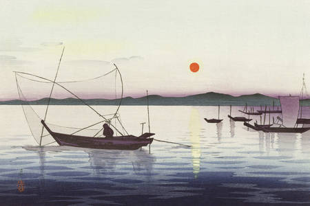 Ohara Koson: "Barche e sole al tramonto"