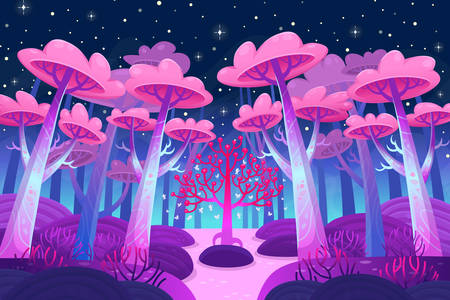 Night forest with magic trees
