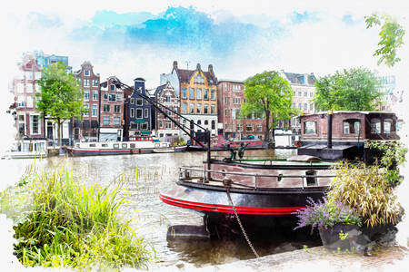 Watercolor landscape of Amsterdam