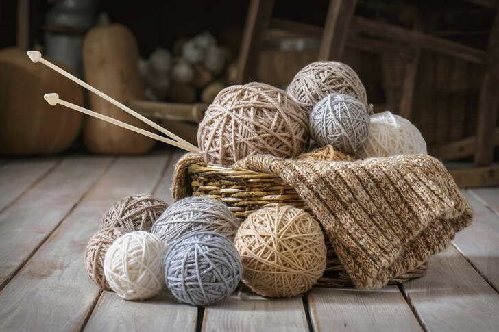 Basket with balls of yarn