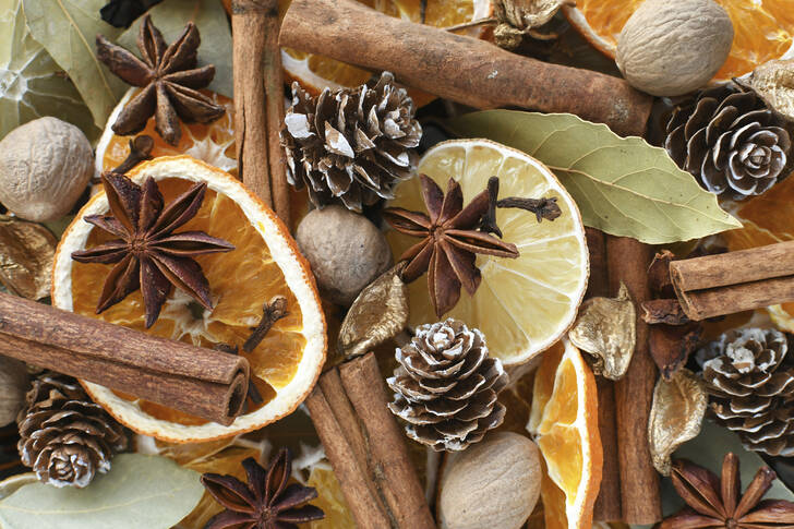 Arance essiccate, bastoncini di cannella e frutta secca