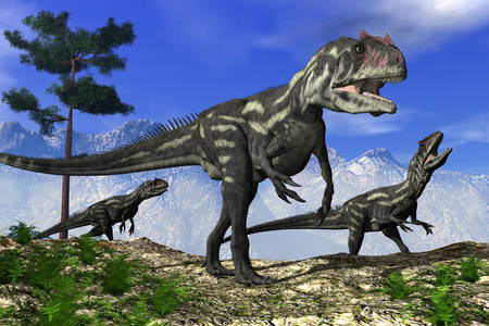 Allosaurus in the background of mountains