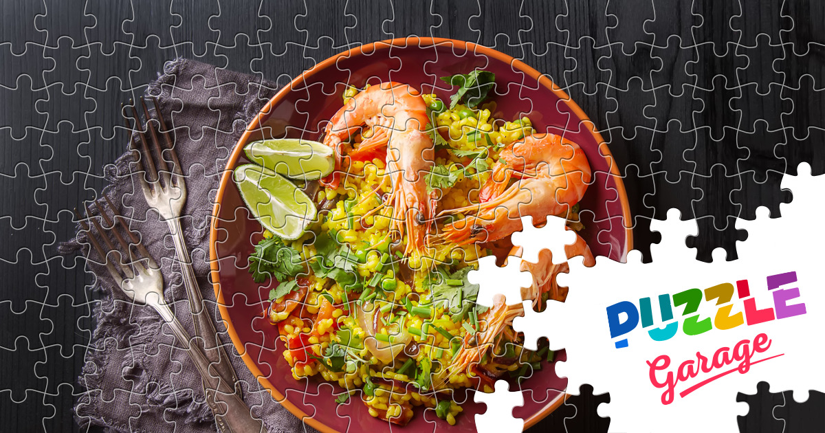 Paella with seafood on the table Jigsaw Puzzle (Home, Food) Puzzle Garage