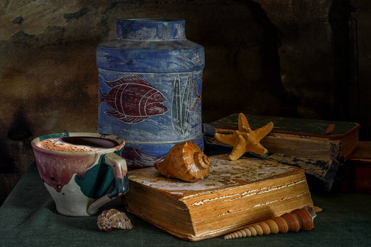 Livros antigos e conchas em cima da mesa