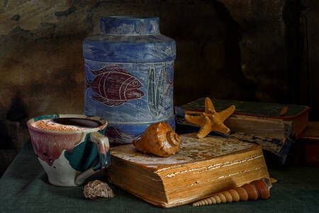 Old books and shells on the table