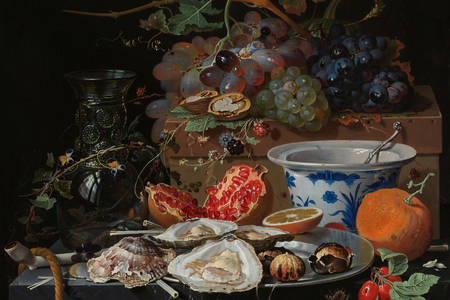 Abraham Mignon: "Still Life with Fruit, Oysters, and a Porcelain Bowl"