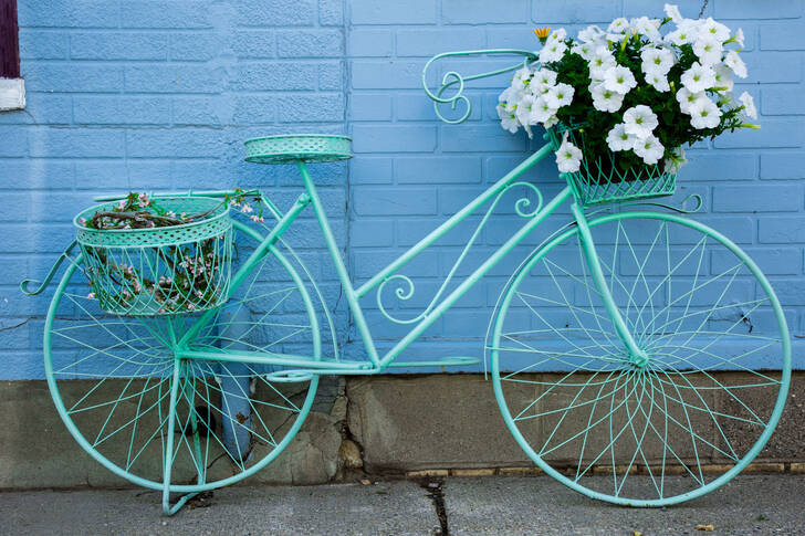 Vélo bleu avec des fleurs