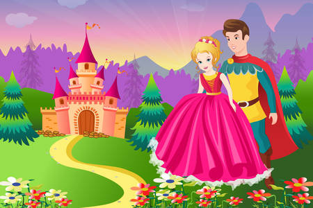 Príncipe e princesa perto do castelo