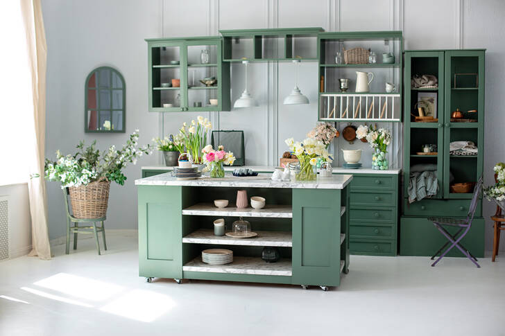 Green kitchen interior