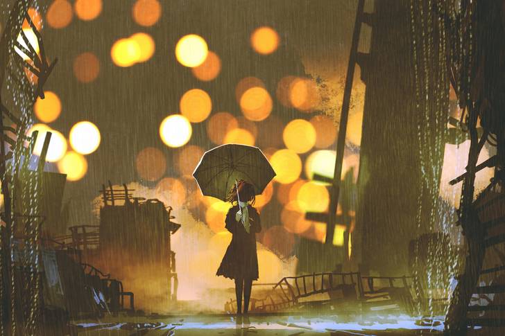 А girl under an umbrella