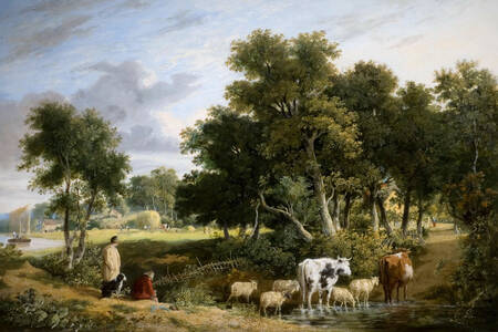 George Vincent: "Landscape, Cattle Crossing A Stream"