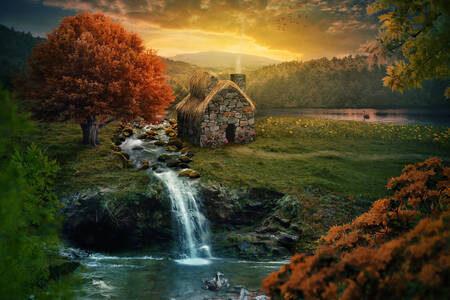 En hytte ved en fjellbekk