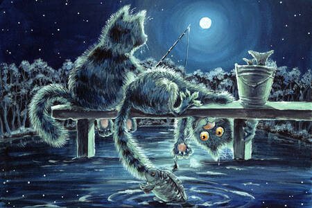 Balık tutma gezisindeki kediler