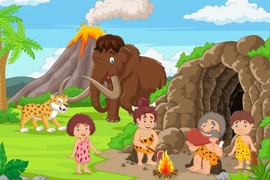 Hombres de las cavernas y animales prehistóricos