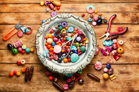 Multicolored beads on the table