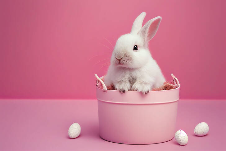 Conejo blanco sobre fondo rosa