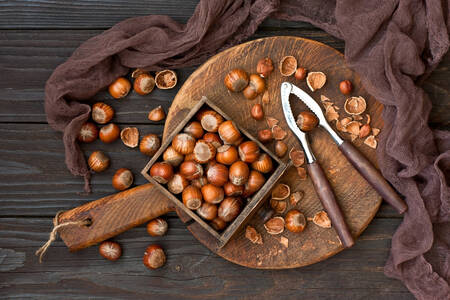 Hazelnuts on a wooden board