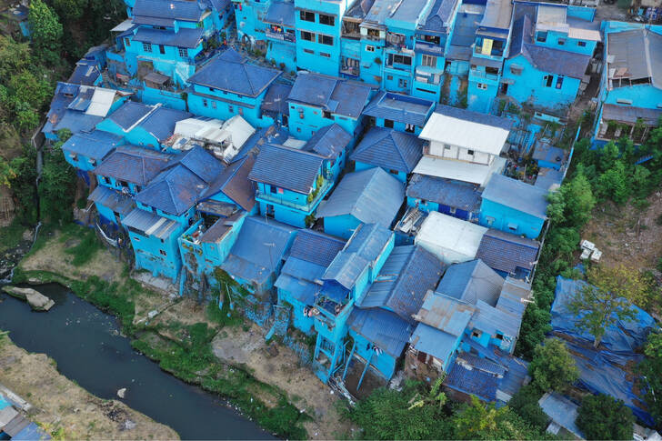 Village with blue houses