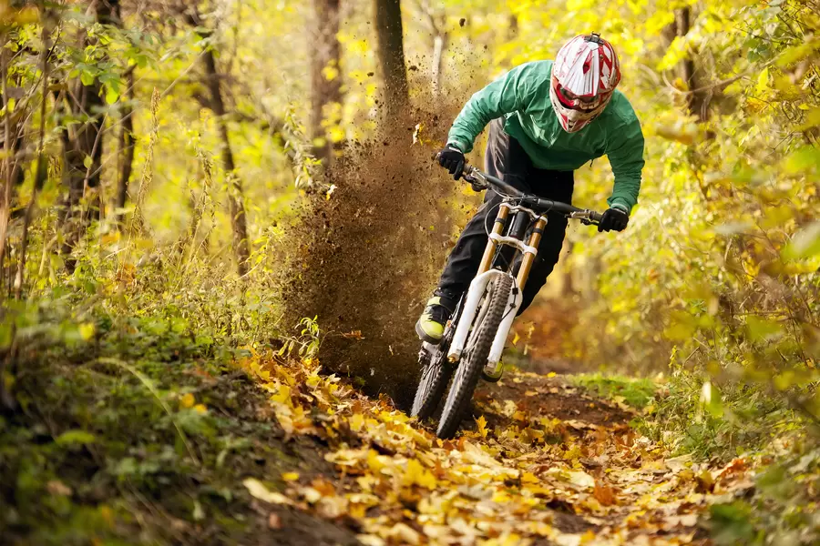 Rowerzysta w lesie jesienią