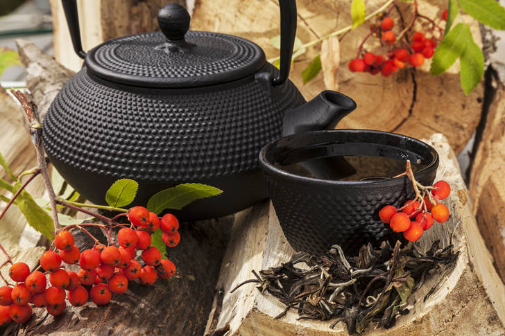 Ceainic din fontă și o ceașcă de ceai cu serbal