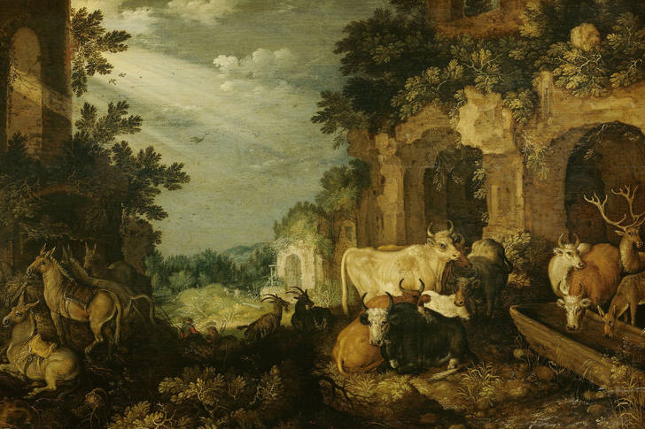 Roelant Savery: "Landscape with ruins, cattle and deer"