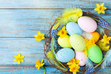 Multi-colored eggs in a nest