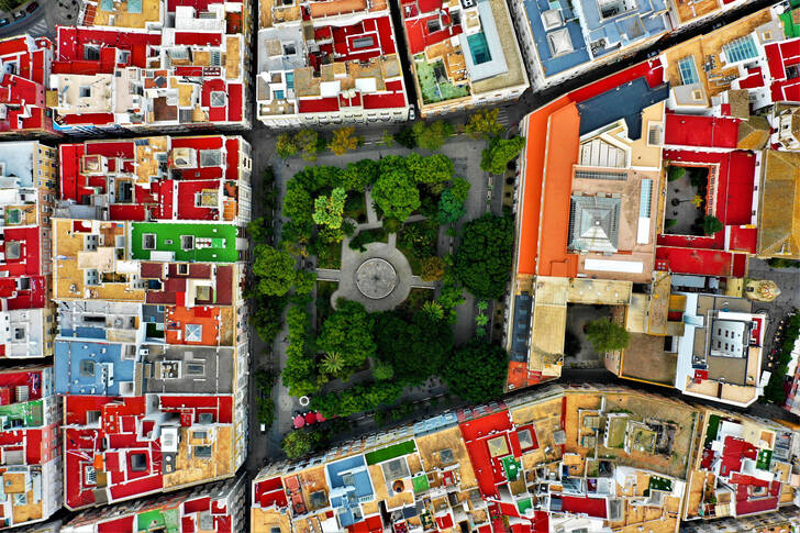 Aerial view of houses in Cádiz, Spain