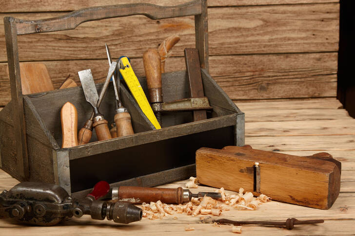Hand tools in a wooden box