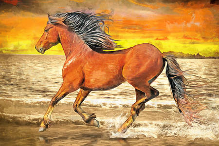 Horse running along the coast