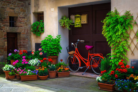 Bici rossa vicino alla casa con colori vivaci