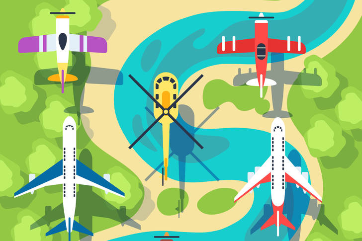 Helicóptero e aviões em vôo