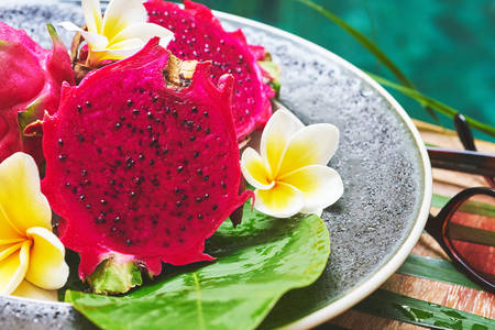 Red pitahaya on a platter