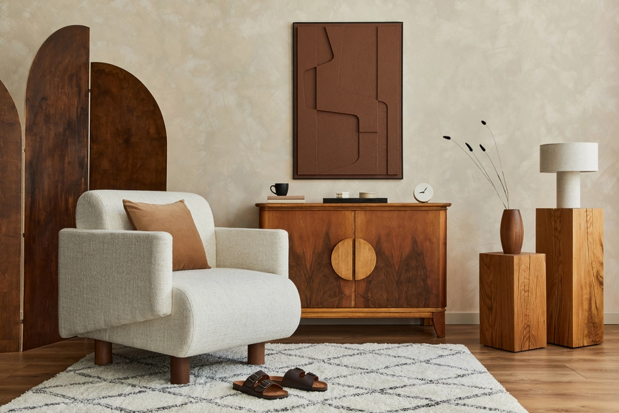 Interieur met houten accessoires