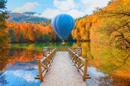 Hot air balloon in the autumn forest