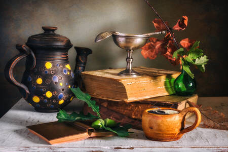 Vintage dishes and books