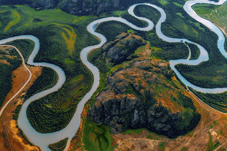 Aerial view of a winding river
