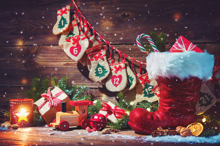Calendário do Advento e botas do Papai Noel